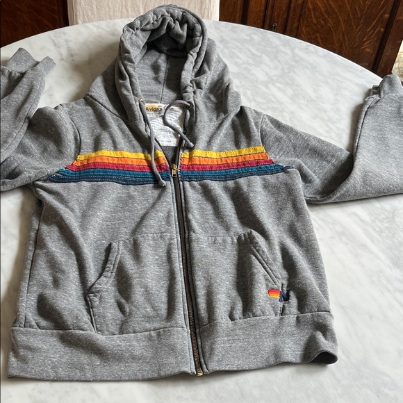 Aviator Nation “5 Stripe” Hoodie in Heather Grey with Rainbow Accents - Picture 1 of 6